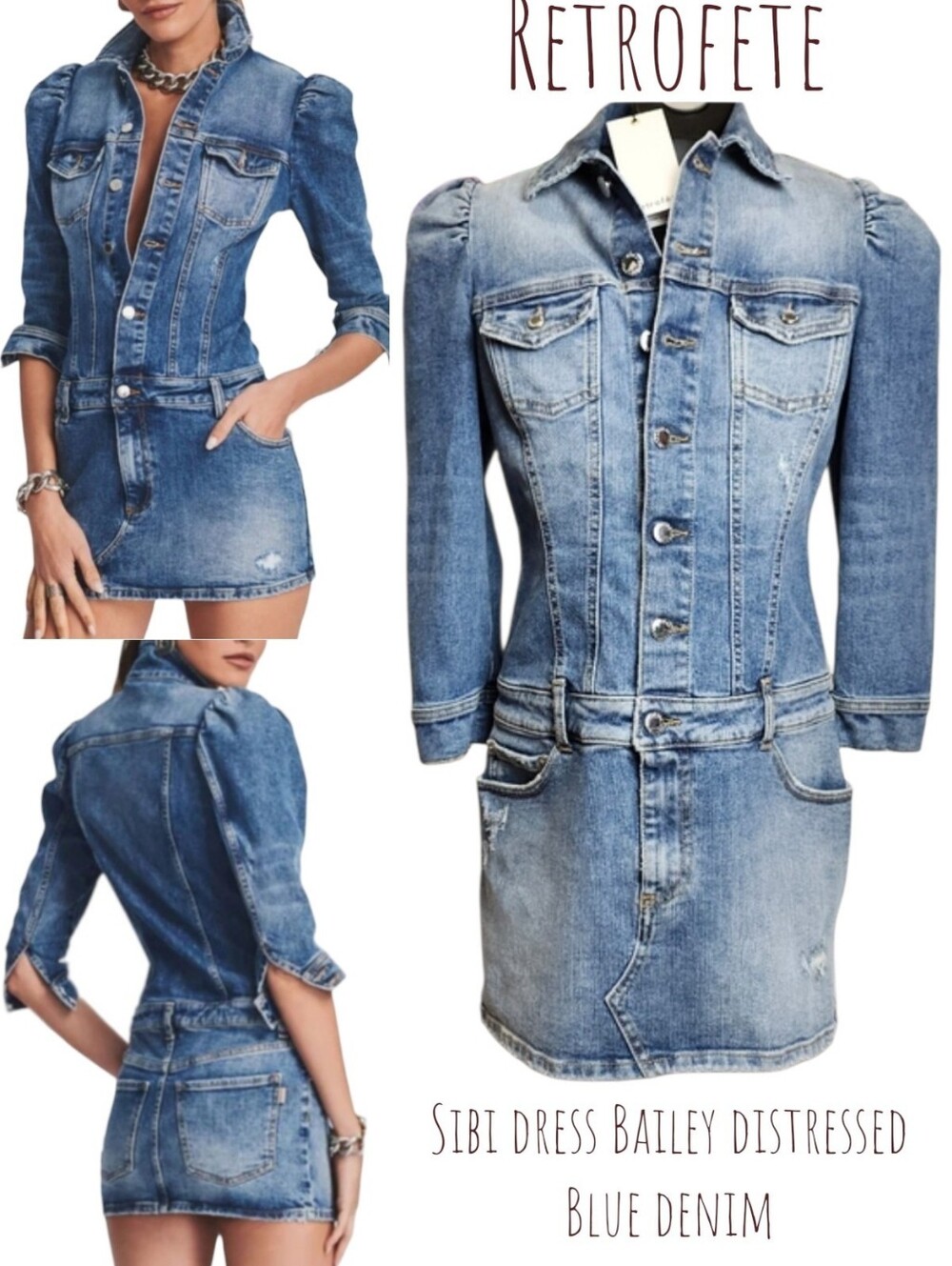 Retrofete Sibi dress Bailey distressed Blue denim bodycon Jean mini Women xs